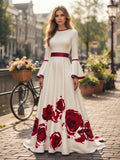 White Red Rose Print Long Sleeve A-Line Evening Dress