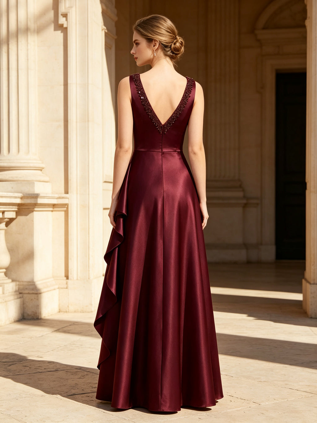Burgundy V-Neck Beaded Satin Evening Dress with Ruffle
