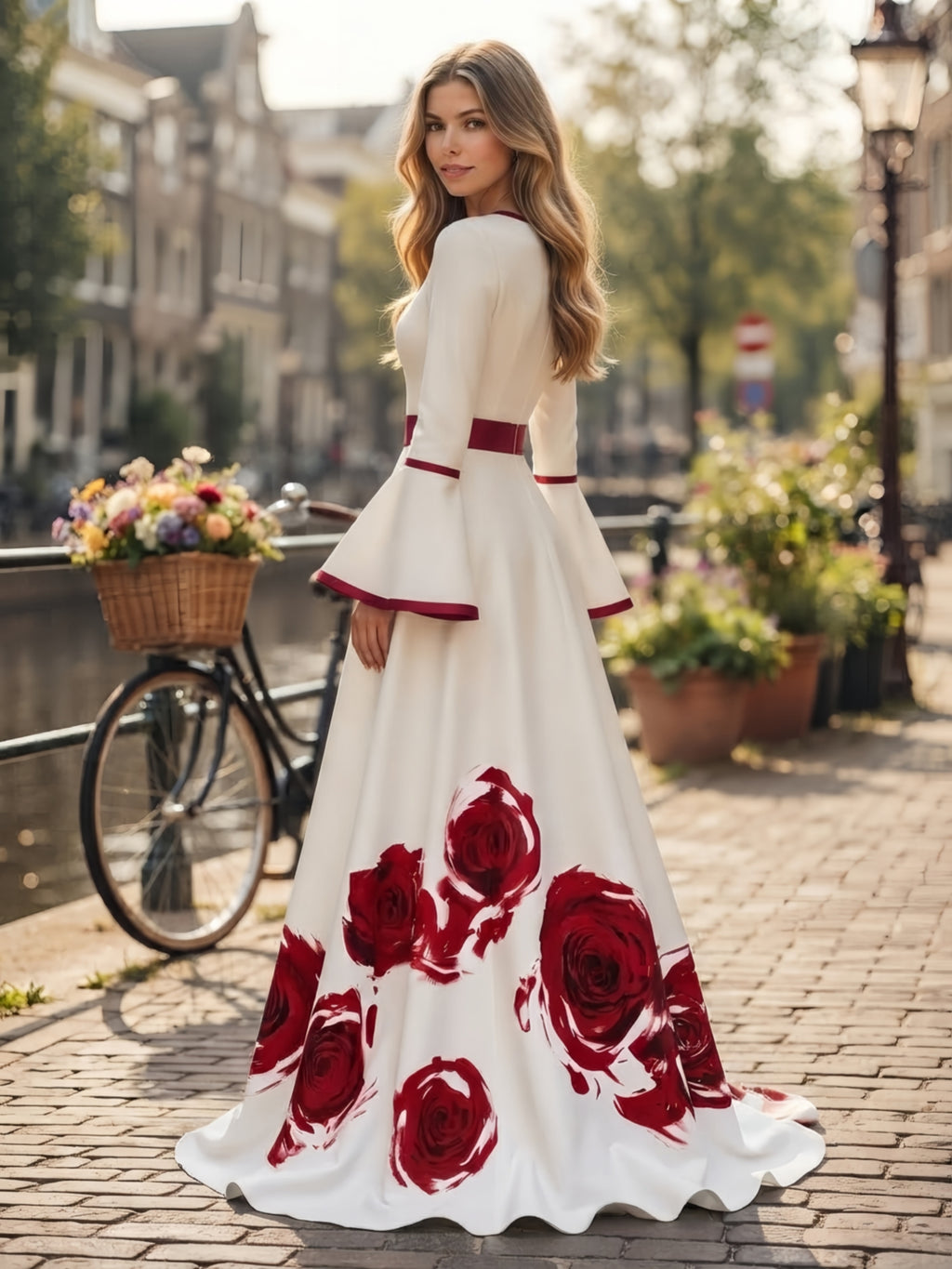 White Red Rose Print Long Sleeve A-Line Evening Dress