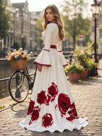 White Red Rose Print Long Sleeve A-Line Evening Dress