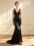 Black Deep V-Neck Beaded Mermaid Satin Evening Dress