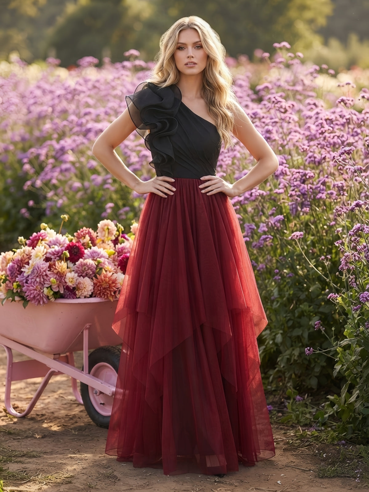 Black Burgundy One-Shoulder Layered Tulle Evening Dress