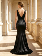 Black Deep V-Neck Beaded Mermaid Satin Evening Dress