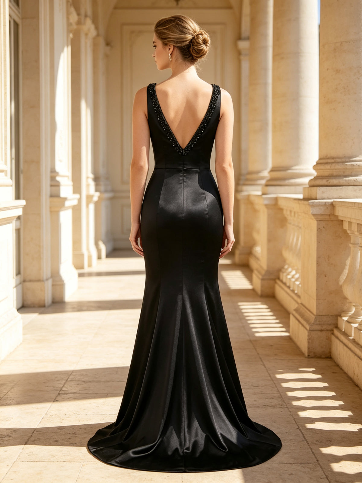 Black Deep V-Neck Beaded Mermaid Satin Evening Dress