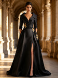 Black Satin Blazer Collar Gold Floral Embroidery High Slit Maxi Evening Dress