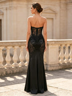 Black Strapless Lace-Applique Corset Mermaid Evening Dress