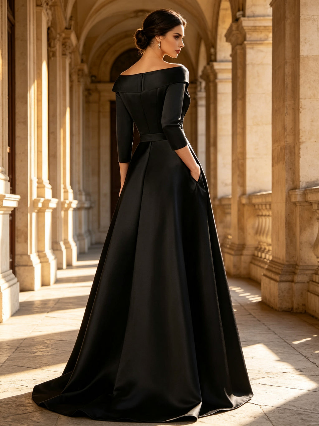 Black Satin Blazer Collar Gold Floral Embroidery High Slit Maxi Evening Dress