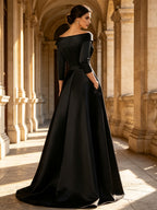 Black Satin Blazer Collar Gold Floral Embroidery High Slit Maxi Evening Dress