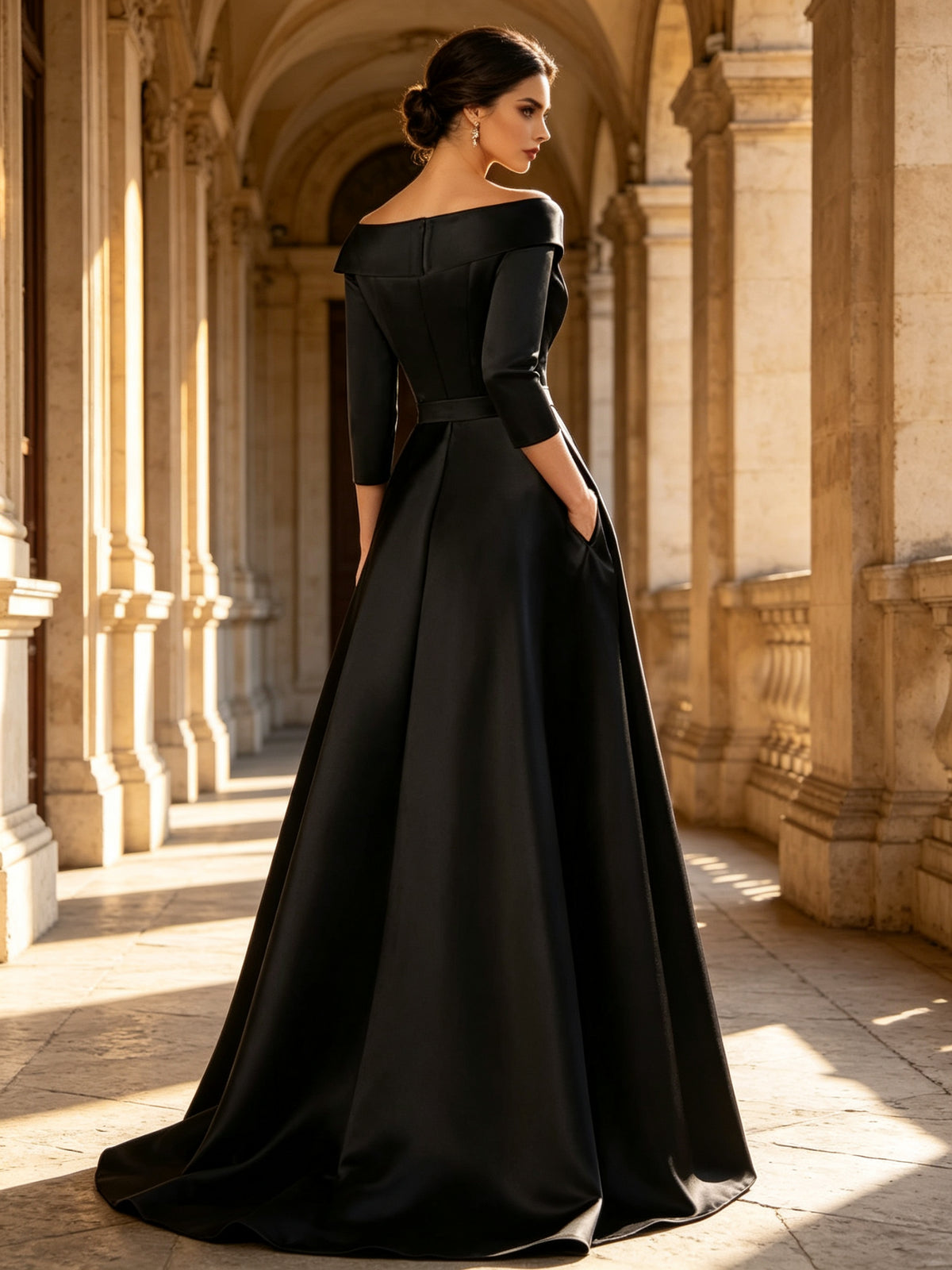 Black Satin Blazer Collar Gold Floral Embroidery High Slit Maxi Evening Dress