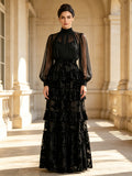 Black High-Neck Tiered Burnout Velvet Evening Dress