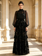 Black High-Neck Tiered Burnout Velvet Evening Dress