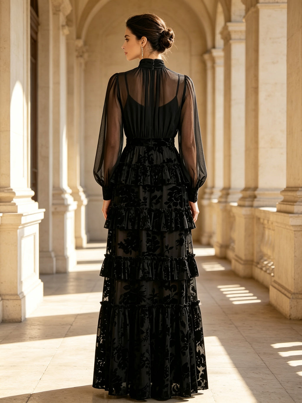 Black High-Neck Tiered Burnout Velvet Evening Dress