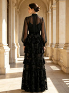 Black High-Neck Tiered Burnout Velvet Evening Dress