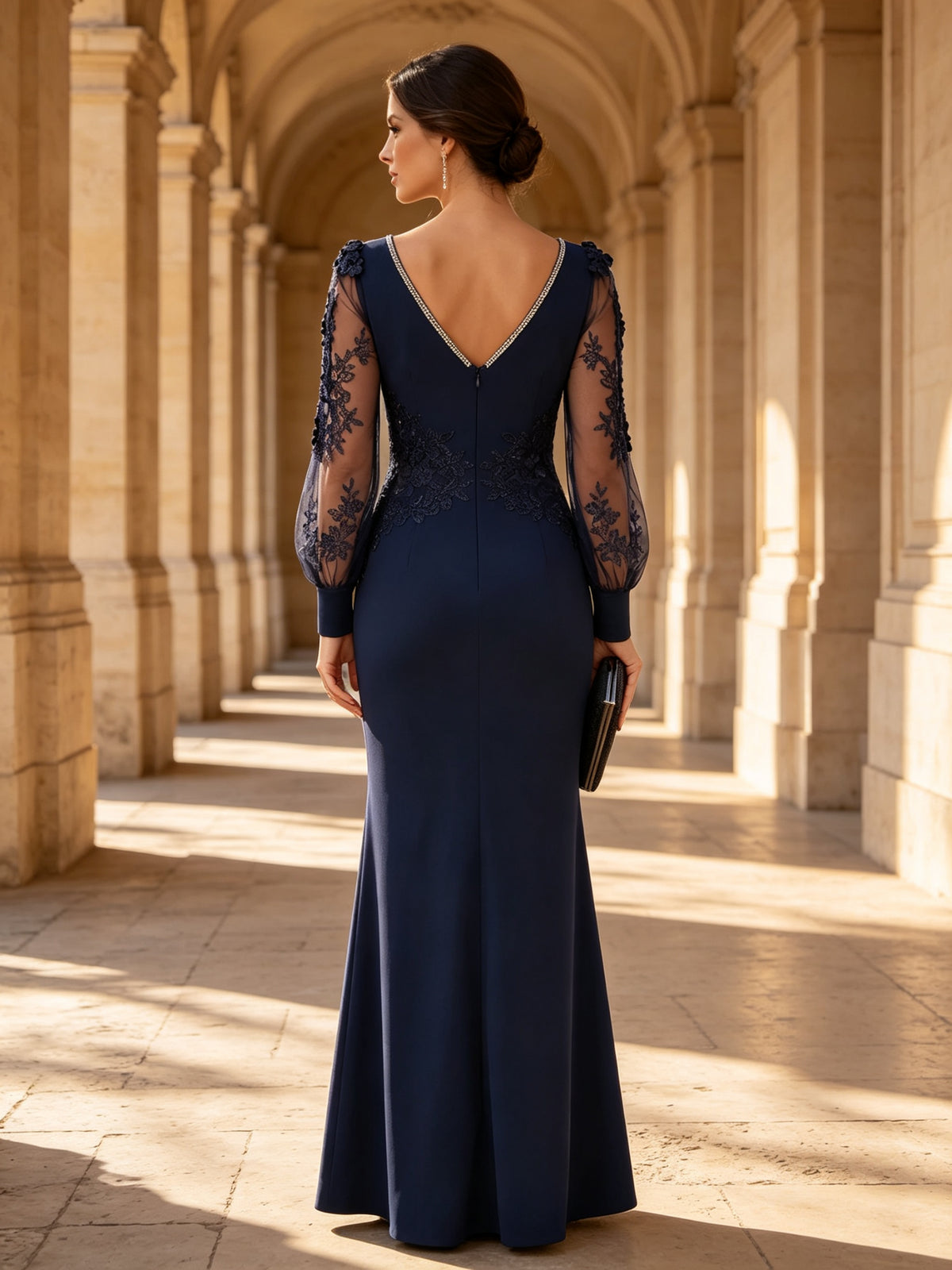 Navy Blue Asymmetric 3D Floral Brocade Evening Dress