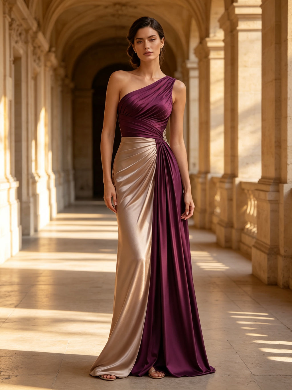 Purple One-Shoulder Ruched Satin Evening Dress