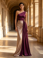 Purple One-Shoulder Ruched Satin Evening Dress