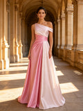 Pink One-Shoulder Color-Block Satin Evening Dress