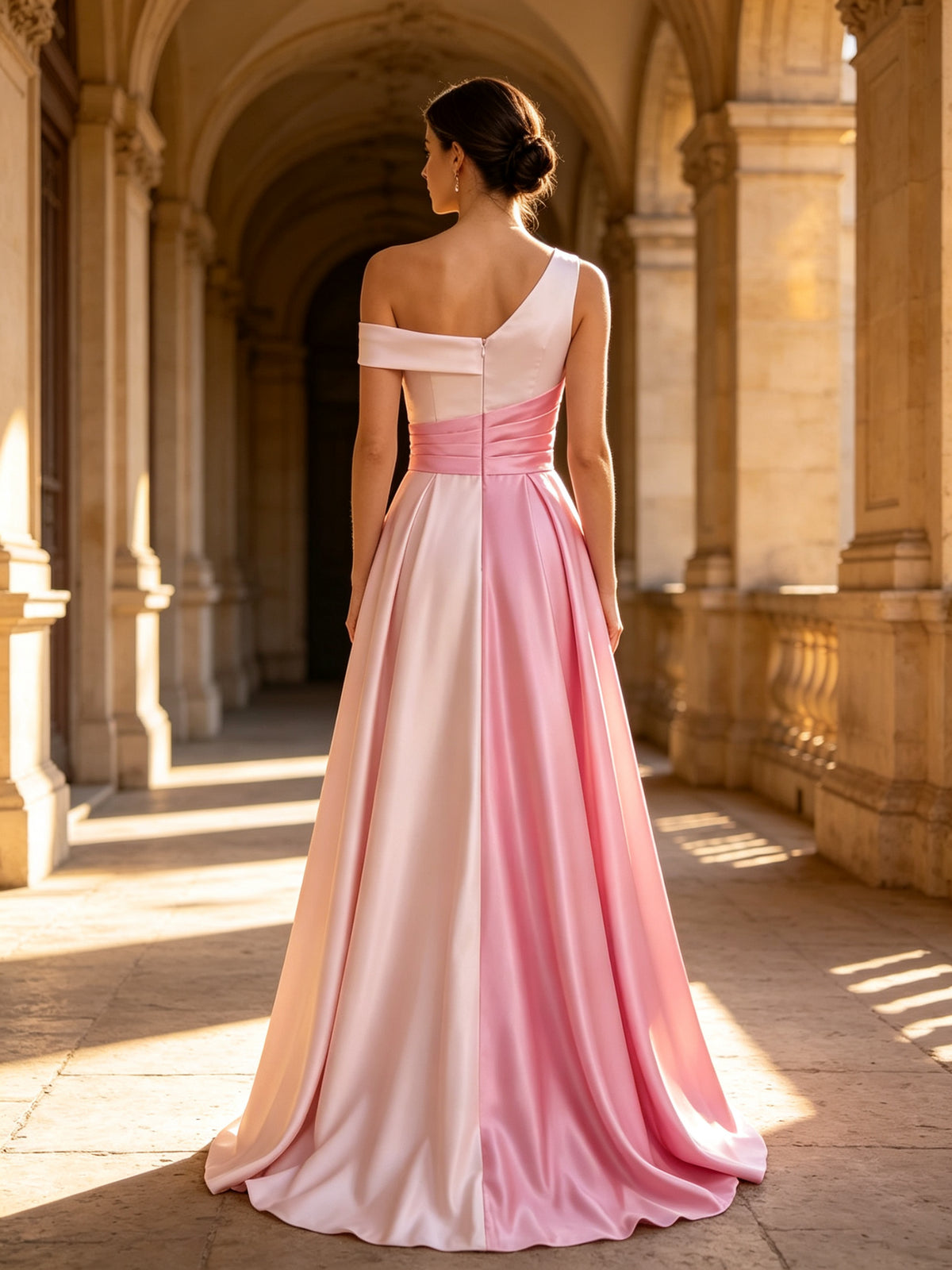 Pink One-Shoulder Color-Block Satin Evening Dress