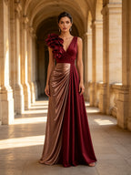 Burgundy V-Neck 3D Floral Color-Block Evening Dress