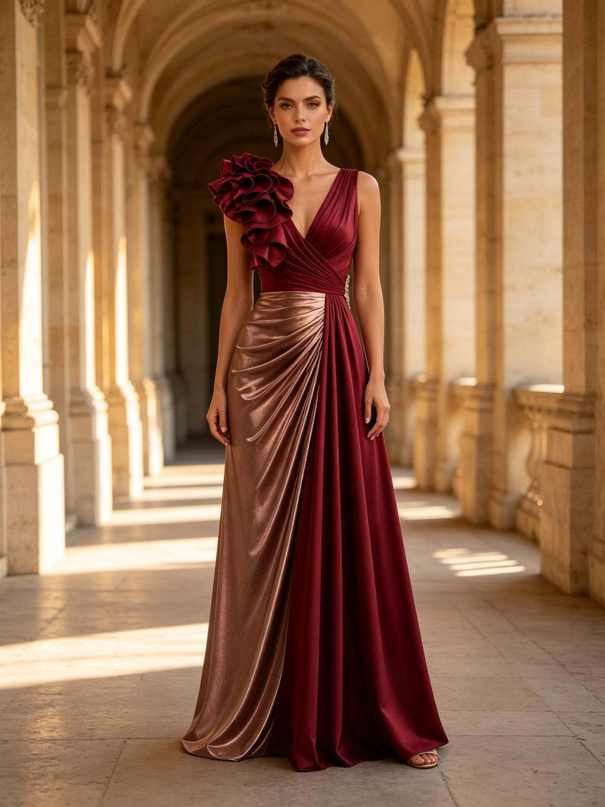 Burgundy V-Neck 3D Floral Color-Block Evening Dress