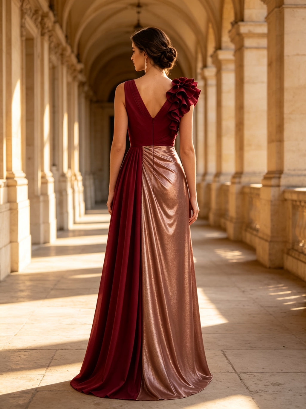 Burgundy V-Neck 3D Floral Color-Block Evening Dress