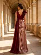 Burgundy V-Neck 3D Floral Color-Block Evening Dress