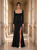 Black Square Neck Beaded Long Sleeve High Slit Evening Gown