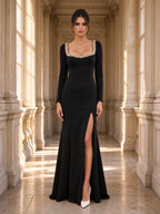 Black Square Neck Beaded Long Sleeve High Slit Evening Gown