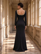 Black Square Neck Beaded Long Sleeve High Slit Evening Gown