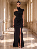 Black Mock Neck One-Shoulder Draped High Slit Evening Gown