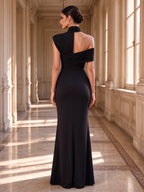 Black Mock Neck One-Shoulder Draped High Slit Evening Gown