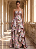 Sage Pink Strapless Floral Brocade Ruffled Evening Gown