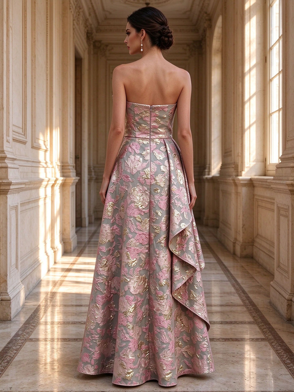 Sage Pink Strapless Floral Brocade Ruffled Evening Gown