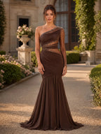Dark Brown One-Shoulder Beaded Sheer Sleeve Mermaid Gown