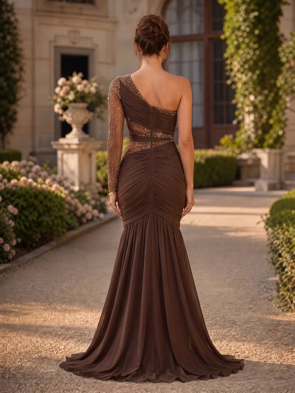 Dark Brown One-Shoulder Beaded Sheer Sleeve Mermaid Gown