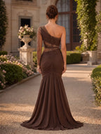 Dark Brown One-Shoulder Beaded Sheer Sleeve Mermaid Gown