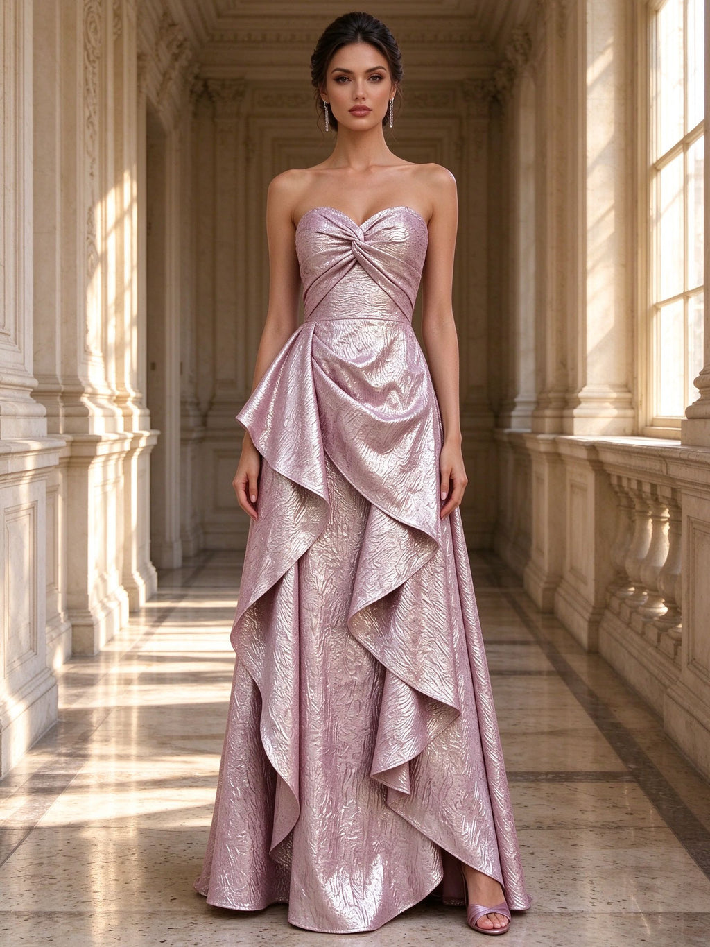 Dusty Rose Strapless Metallic Brocade Ruffled Evening Gown