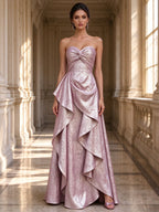 Dusty Rose Strapless Metallic Brocade Ruffled Evening Gown