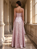 Dusty Rose Strapless Metallic Brocade Ruffled Evening Gown