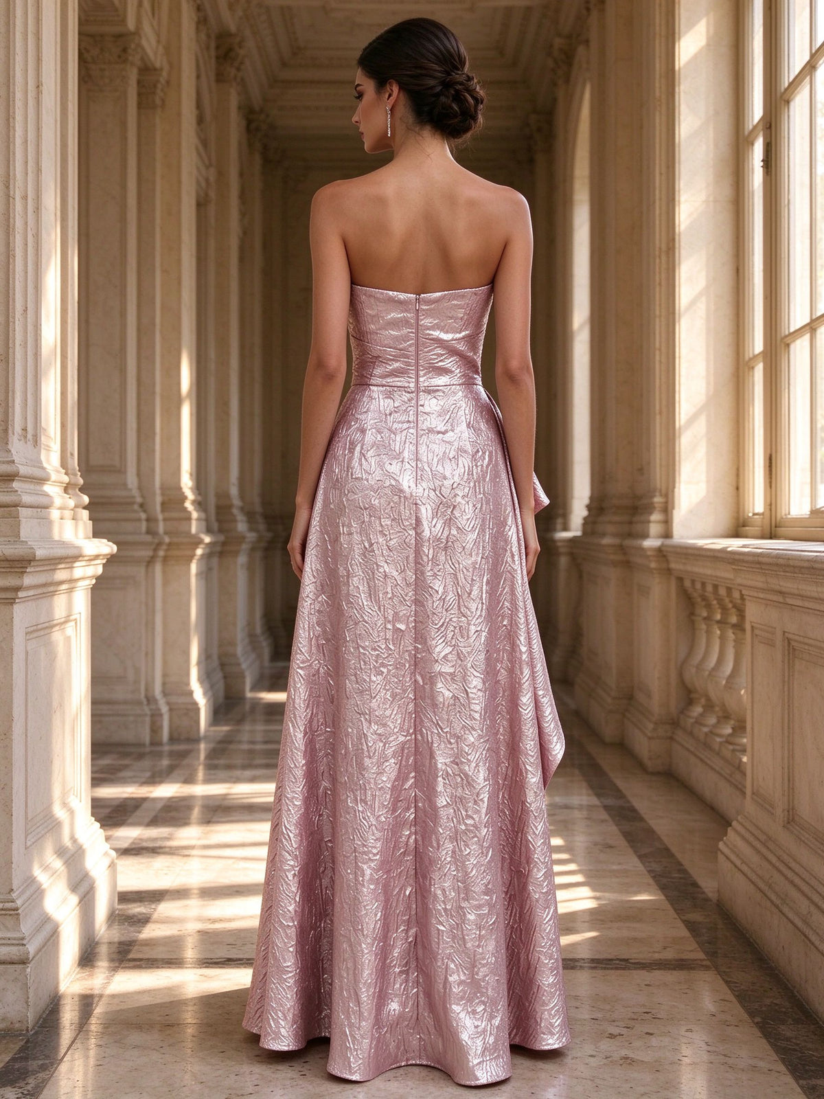 Dusty Rose Strapless Metallic Brocade Ruffled Evening Gown