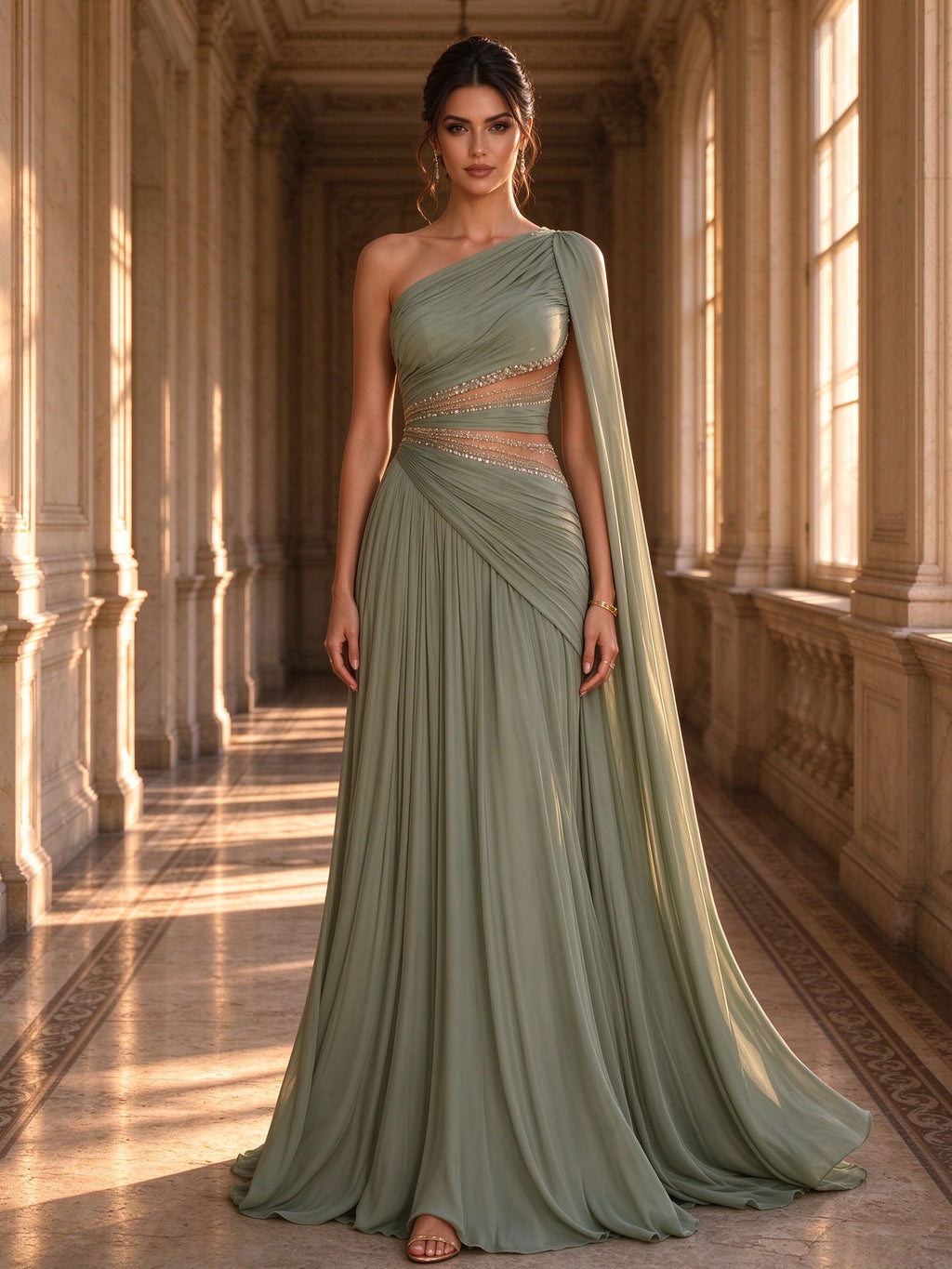 Sage Green One-Shoulder Cape Beaded Cut-Out Evening Gown