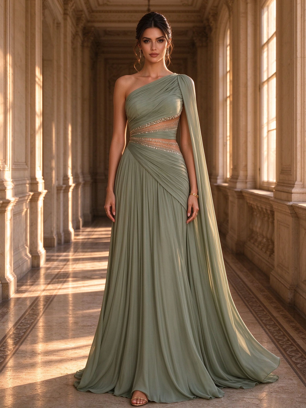 Sage Green One-Shoulder Cape Beaded Cut-Out Evening Gown