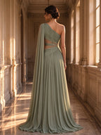 Sage Green One-Shoulder Cape Beaded Cut-Out Evening Gown