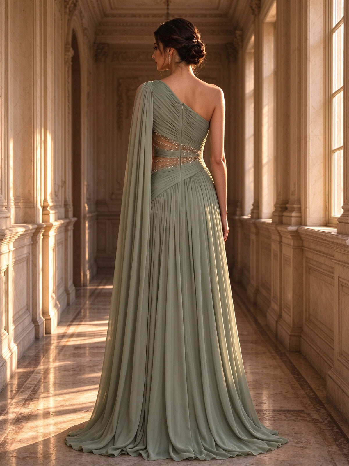 Sage Green One-Shoulder Cape Beaded Cut-Out Evening Gown