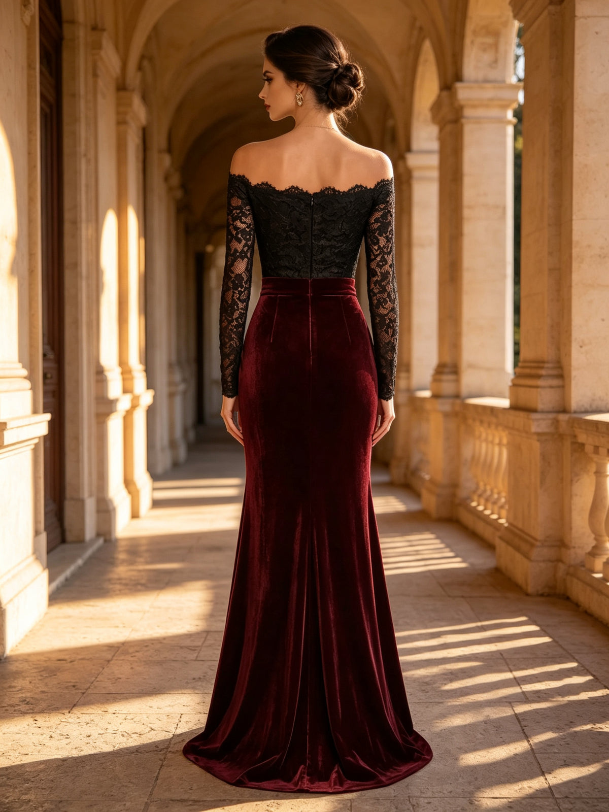 Elegant Off Shoulder Lace Velvet Long Sleeve Evening Gown