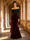 Elegant Off Shoulder Lace Velvet Long Sleeve Evening Gown