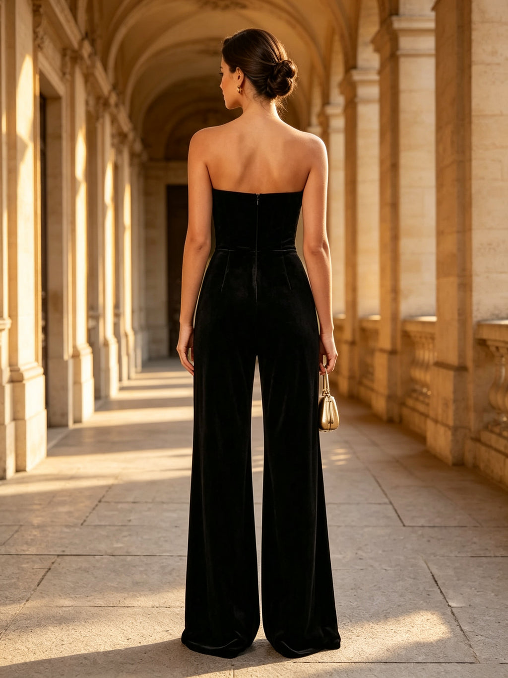 Strapless Contrast Trim Velvet Evening Jumpsuit