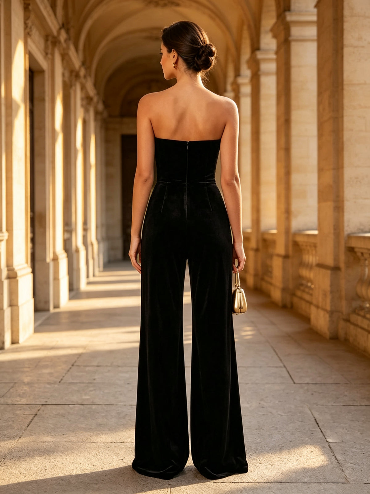 Strapless Contrast Trim Velvet Evening Jumpsuit