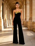 Strapless Contrast Trim Velvet Evening Jumpsuit