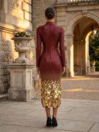 Mock Neck Ombre Sequin Coin Embellished Long Sleeve Midi Evening Dress